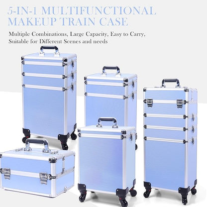 5 in 1 Professional Makeup Train Case Aluminum Cosmetic Case Rolling Makeup Case ExtraLarge Storage Organizer with Key Swivel Wheels Salon Barber Case for Make Up Nail Hairstylists, Blue