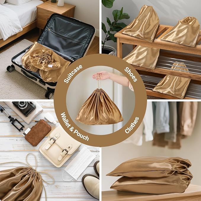 Ewen Pack of 7 Dustproof Drawstring Satin Shoe Bags with Blank Tags, 19.6x15.7in Dustbags for Handbags, Brown Travel Essentials Packing Bag Purse Organizer for Closet Home Storage Jewelry Organization