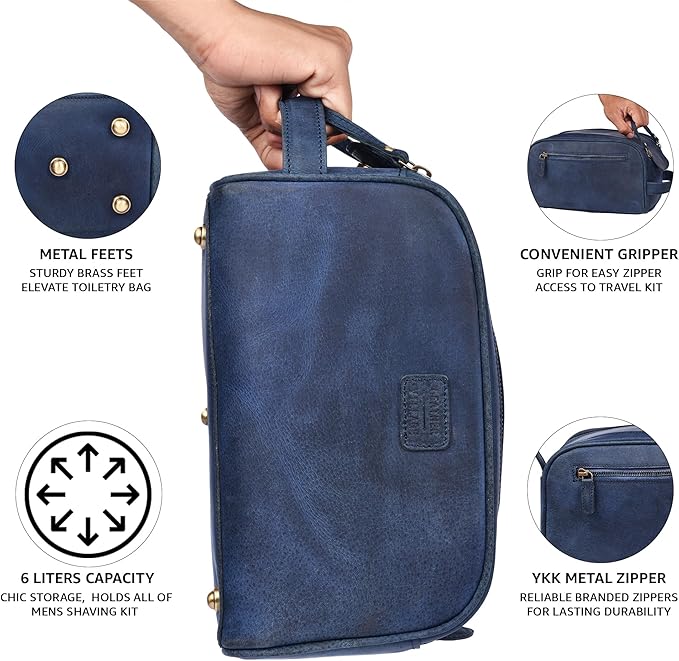LEATHER VILLAGE Premium Leather Toiletry Travel Pouch With Waterproof Lining - Blue | King-Size Handcrafted Vintage Dopp Kit Bag, Shaving & Bathroom Organizer, Gift for Men & Women