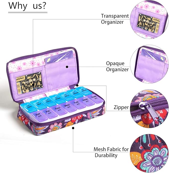 Weekly Pill Organizer 2 Times a Day, Zumd Pill Box 7 Day with Cute Quilted Fabric Zipper Case, Travel Pill Case Am Pm for Vitamin Medicine Organizer