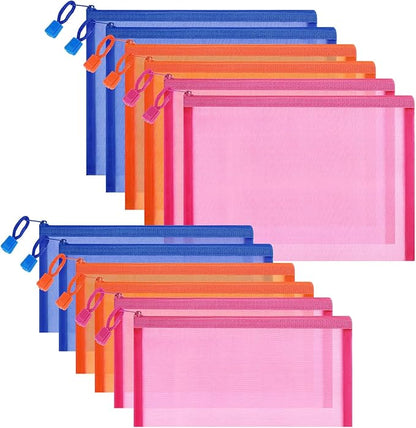 12 Pieces Zipper Nylon Mesh Pouch, Mesh Cosmetic Bags Makeup Bags Pencil Case, Multipurpose Travel Bags for Cosmetic School Office Supplies and Travel Accessories (Multicolored 01, A5+B6)