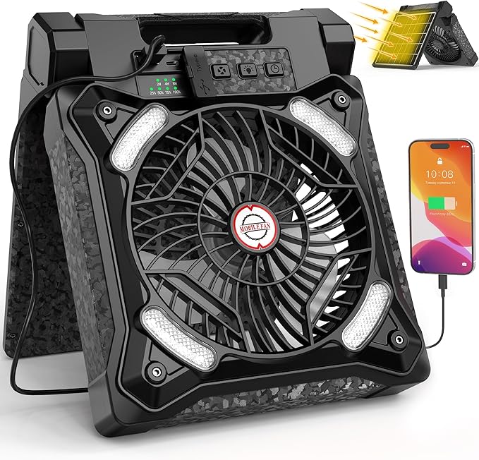 PANERGY Solar Fan with Lantern for Camping, Rechargeable Battery Powered Fan(36H cooling/60H lighting), 4-Speed, 8H Timer, 90°Folding Cordless & Portable for Outdoor Travel RV Power Outage