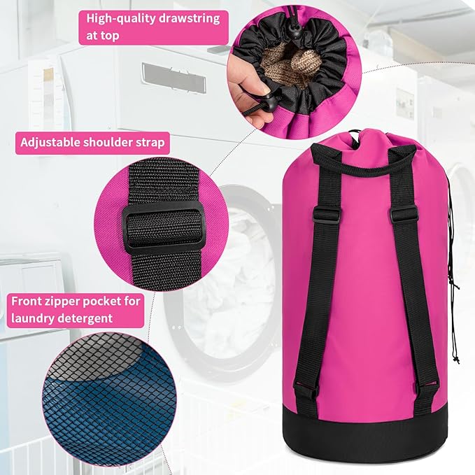 Laundry Bag Backpack with Shoulder Straps and Mesh Pocket Foldable Clothes Hamper Bag with Drawstring Closure for College, Apartment, Laundromat (Pink)