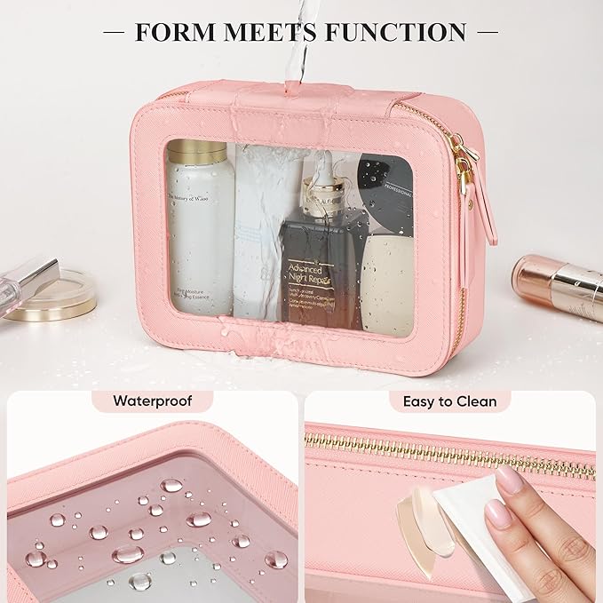 Clear Makeup Bag, Travel Toiletry Bag Cosmetic Case for Women, Waterproof Portable Make Up Skincare Pouch with Zipper, Compact Car Organizer Bag for Essentials, Mini & Medium, Pink