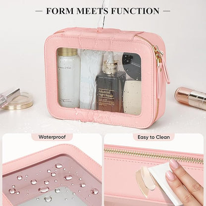 Clear Makeup Bag, Travel Toiletry Bag Cosmetic Case for Women, Waterproof Portable Make Up Skincare Pouch with Zipper, Compact Car Organizer Bag for Essentials, Mini & Medium, Pink