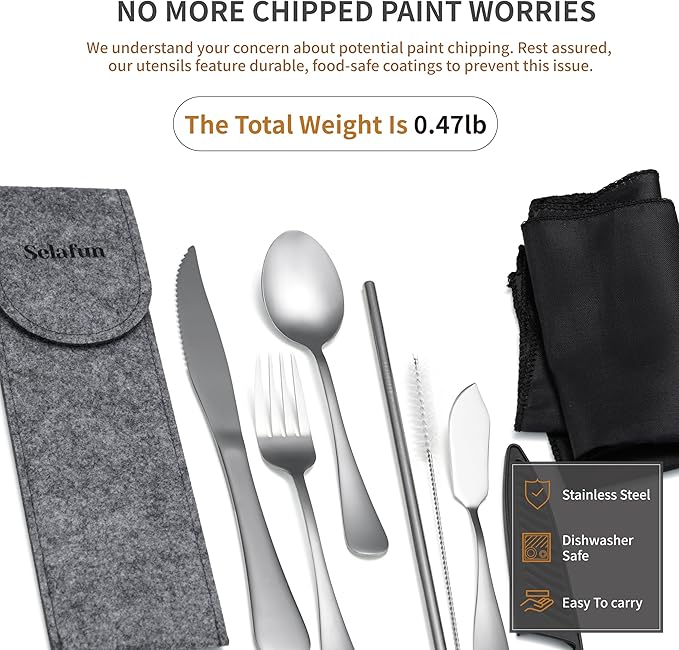 Travel Utensils with Case, Portable Travel Silverware Set Stainless Steel Lunch Box Cutlery Set for Work, Camping, Picnic, Hiking, Office (Silver)