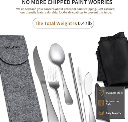 Travel Utensils with Case, Portable Travel Silverware Set Stainless Steel Lunch Box Cutlery Set for Work, Camping, Picnic, Hiking, Office (Silver)
