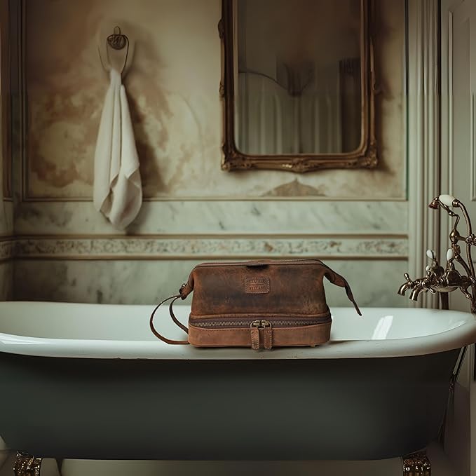 LEATHER VILLAGE Genuine Leather Dopp Kit – Large Travel Toiletry Bag with Waterproof Lining, Dual-Zip Design for Men & Women, Organizer for Shaving, Makeup & Essentials - Brown