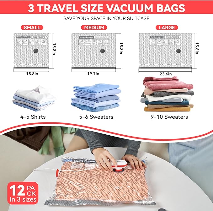 12 Pack Travel Vacuum Bags for Clothing with USB and TYPE C Pump, Compression Seal Packing Cubes for Luggage Suitcase Backpack, Carry-on Size Space Saver Storage Bags for Vacation Cruise（Red）