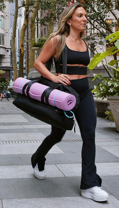 Joan & David 21" Weekender Yoga Gym Duffel Bag with Neoprene Zippered Drop Bottom Compartment Lined In Peva for Non-absorbtion of Odors, Detachable Pouch, Including TSA Approved Bottles (Black)