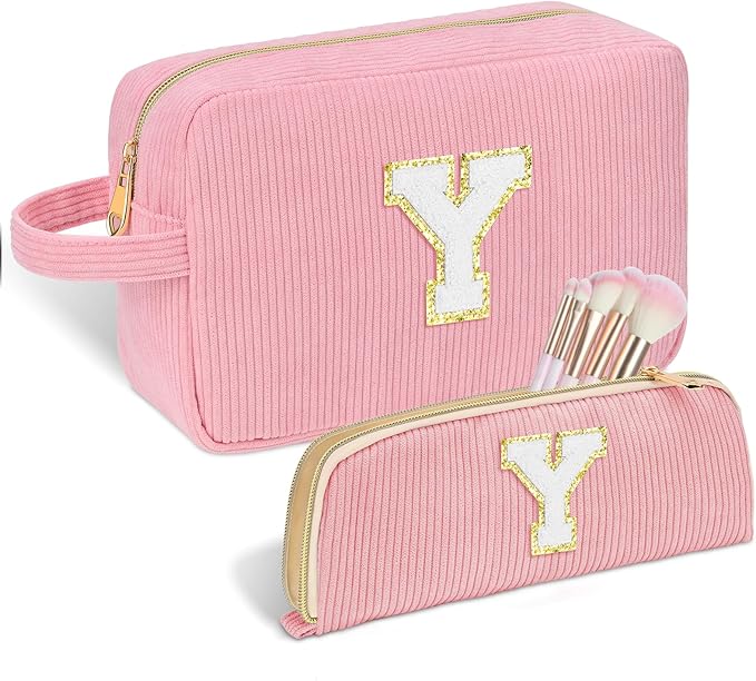 Personalized Initial Makeup Bag Trendy Stuff Corduroy Cosmetic Bag Travel Toiletry Bag for Women, Christmas/Thanksgiving/Halloween Gifts Makeup Organizer Case for Teen Girls Mom Girlfriend Wife - Pink