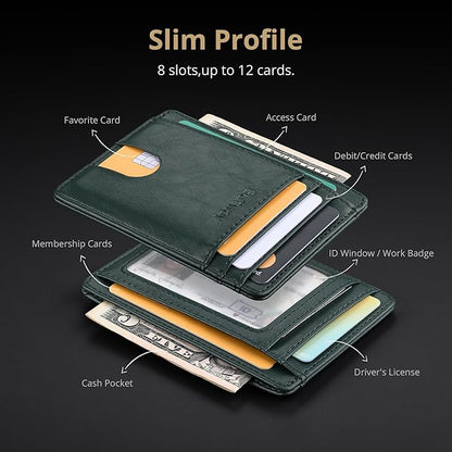 Buffway Slim Minimalist Front Pocket RFID Blocking Leather Wallets for Men and Women - Alaska Green