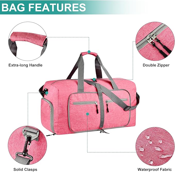 Dimayar 115L Travel Duffle Bag for Men Women - Foldable Duffel Bag with Shoes Compartment - Overnight Bags Waterproof & Tear Resistant(Pink)