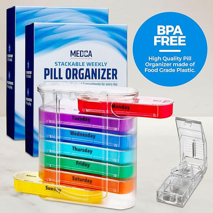 Weekly Pill Organizers with Pill Cutter - V-Grip Pill Splitter (Pack of 2) Stackable Pill, Medicine, Vitamin Organizer with 4 Times-a-Day Daily Compartments, 2 Dispensers with Stackable AM/PM Boxes