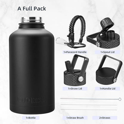 BJPKPK Half Gallon Insulated Water Bottles with Straw Lid, 64oz Large Water Jug, Stainless Steel Bottles with 3 Lids and Paracord Handle, Thermo for Hot & Cold Liquid, Black