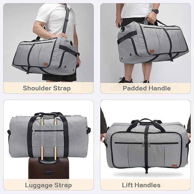 80L Travel Duffle Bag for Men, Large Foldable Duffel Bag for Travel with Shoe Compartment Overnight Weekender Bag Gym Bag for Men Women Waterproof & Tear Resistant (Gray, 80L)