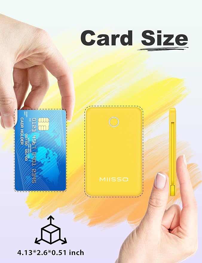 miisso 6000mah Ultra Slim Built in Cables Power Bank, Card Size Built in USB C Cords Battery Pack Portable Charger for Phones, 3 Output External Battery Pack Compatible with iPhone, Yellow