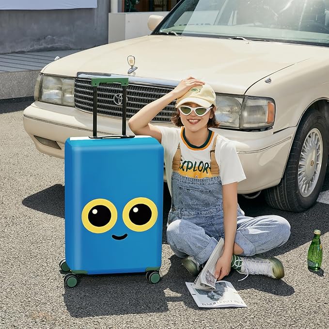 ANNA QUEEN Cute Emoticons Blue Luggage Cover Washable Suitcase Protector Suitcase Cover Anti-Scratch,Stretchable Fit for 18-32Inch Luggage,Travel Bag Cover M(fits 22-25Inch suitcase)