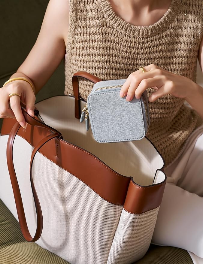 Popvibe Small Jewelry Travel Case for Women Mini Jewelry Box Organzier Traveling with 6 Jewelry Pouch Small Jewelry Bags, Leather Travel Size Jewelry Organizer Bag for Earrings Necklace, Blue Gray