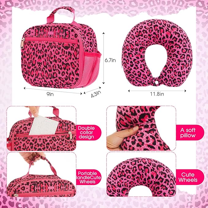 Redbaker 6 Pcs Kids Luggage Set 17 Inch Kids Rolling Luggage Double Pattern Suitcase for Girls Boys School Gift(Hot Pink,Leopard Print Style)