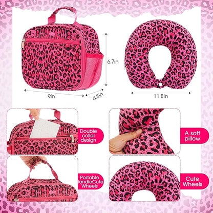 Redbaker 6 Pcs Kids Luggage Set 17 Inch Kids Rolling Luggage Double Pattern Suitcase for Girls Boys School Gift(Hot Pink,Leopard Print Style)