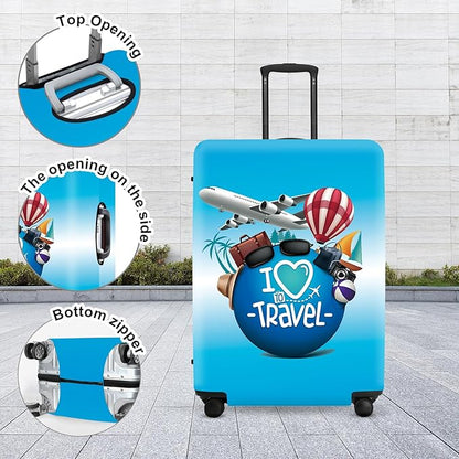 "I Love to Travel" Luggage Cover Set, Adventure Themed Suitcase Protector with Passport Stamp Prints, Elastic Fit for 18-32 Inch Bags, Wanderlust Gifts for Couples