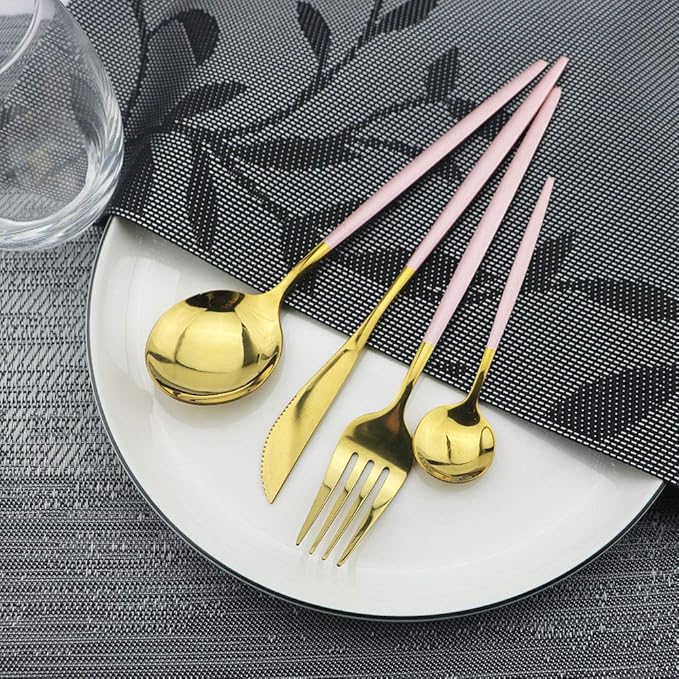 Pink Gold Silverware Set, JASHII 20-Piece Stainless Steel Satin Finish Flatware Set, Kitchen Utensil Set, Mirror Polished Tableware Cutlery Set for Home and Restaurant, Dishwasher Safe