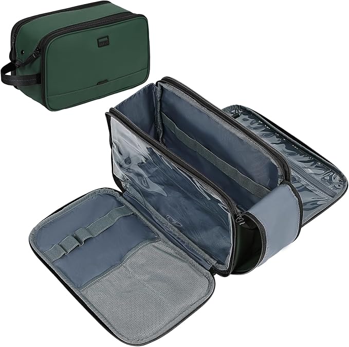 ZEEMO Travel Toiletry Bag for Men, Medium Water-Resistant Double-Sided Full-Open Dopp Kit, Versatile Organizer for Shower and Hygiene Accessories, Bathroom Essentials, Cosmetics, Large, Green