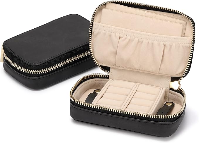 HISCOW Vegan Leather Travel Jewelry Case with Zipper - Portable Necklace & Earring Holder Organizer for Women Girls, Velvet-Lined Ring Box with Anti-Tarnish Design, Black