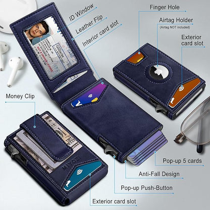 Airtag Wallet for Men,with Money Clip Gift Boxed,Slim Front Pocket Wallet RFID Blocking Metal Case Smart Pop-up Credit Card Holder in Magnetic Leather Flip