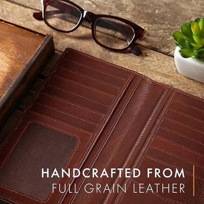 ELIZO Men's Genuine Leather Long Wallet - RFID Blocking Rodeo Checkbook Wallet | Slim Western Bifold Wallet with 16 Card Slots, ID Window | Top Grain Leather Cowboy Wallet