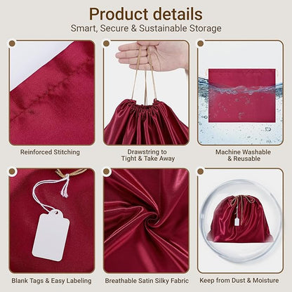 Ewen 7 Pack 19.6x15.7in Satin Drawstring Shoe Bags with Blank Tags, Dust Bags for Handbags Travel Essentials Storage, Dustproof Packing Bag Clothes Organizer for Closet and Home Organization, Wine Red