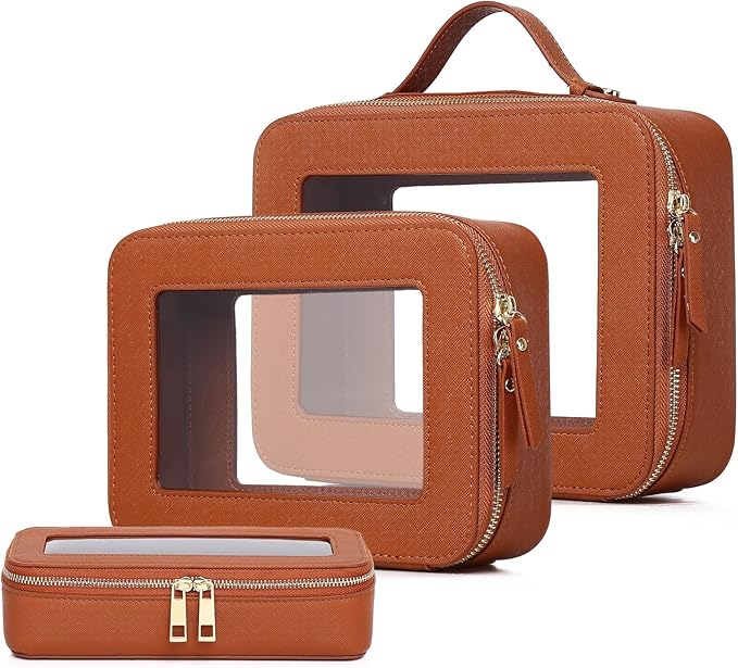 Pinkmik Clear Makeup Bag with Brush Bag 3pcs Waterproof Travel Case for Cosmetics and Toiletries Women's Makeup Organizer with Zipper (X/Brown, L+M+SLIM)