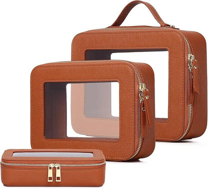 Pinkmik Clear Makeup Bag with Brush Bag 3pcs Waterproof Travel Case for Cosmetics and Toiletries Women's Makeup Organizer with Zipper (X/Brown, L+M+SLIM)