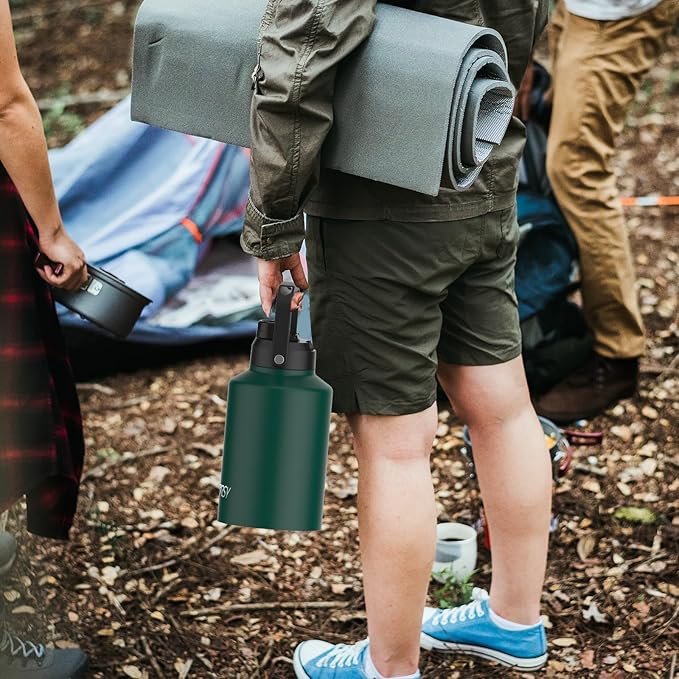 WATERSY Half Gallon Water Bottle Insulated(Cold for 48 Hrs),BPA Free&Leak Proof,64oz Stainless Steel Water Jug/Flask,Big thermo,Large Water Bottle with Handle for Gym,Hiking,Camping,Dark Green