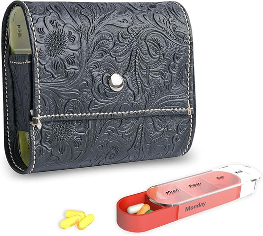 Pill Organizer,LIZIMANDU Weekly Travel Pill Case Box Medication Reminder Daily AM PM, Day Night 7 Compartments,for 4 Times A Day, 7 Days a Week-Includes Leather PU Carrying Case(1-Carved Black2)