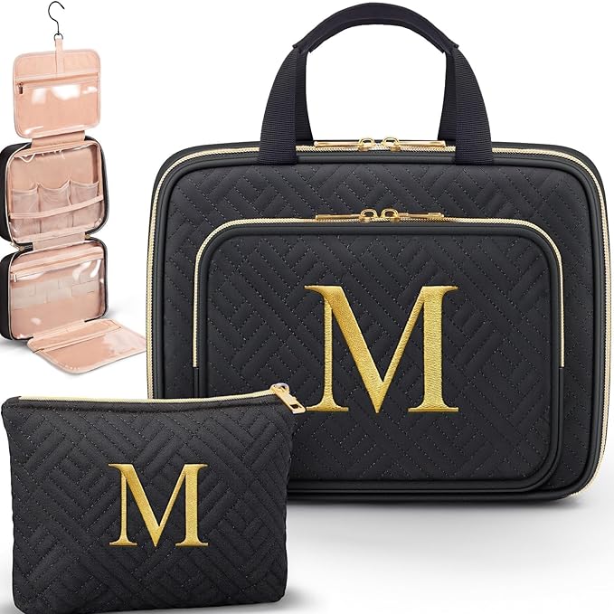 Gifts for Women, Initial Toiletry Makeup Bag Hanging Cosmetic Organizer with Embroidery Letter Personalized Nurse Teacher Appreciation Gift Birthday Christmas Gifts for Mom Sister Wife Friend Auntie