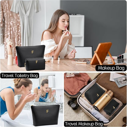 Women Gifts | Initial Makeup Bag Set for Girl Personalized Gifts for Bridesmaid Friend Graduation Teachers PU Leather Cosmetic Travel Toiletry Bag(Black,F)