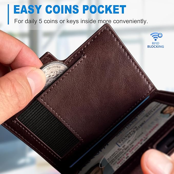 Wallet for Men with Money Clip Coins Pocket ID Window Gift Boxed,Slim Smart Front Pocket RFID Blocking Wallet Pop-up Card Holder in Magnetic Leather Flip 3.9"x 2.7"