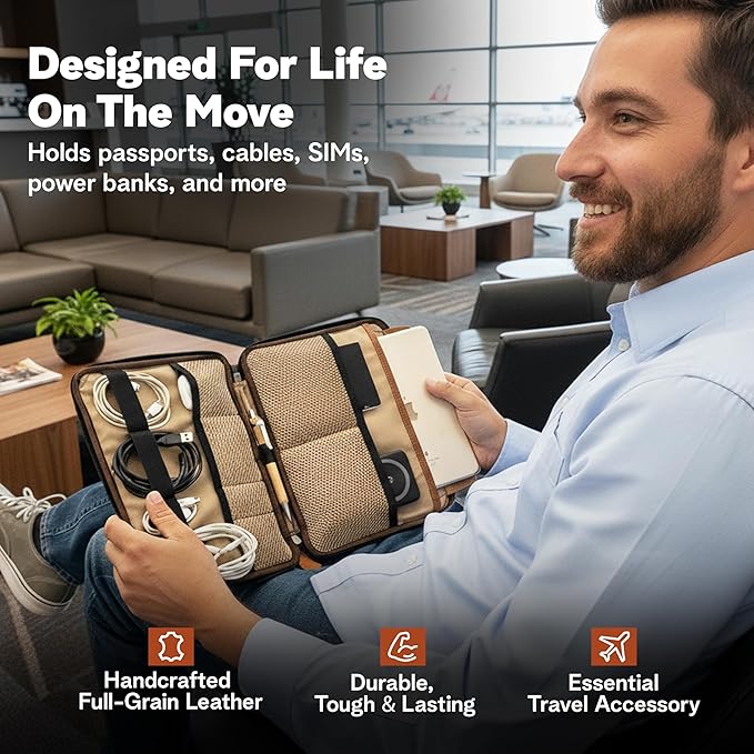 Leather Tech Pouch, Electronics Organizer Travel Case, Leather Passport Holder for Travel, Cord Organizer Tech Bag, Document Holder