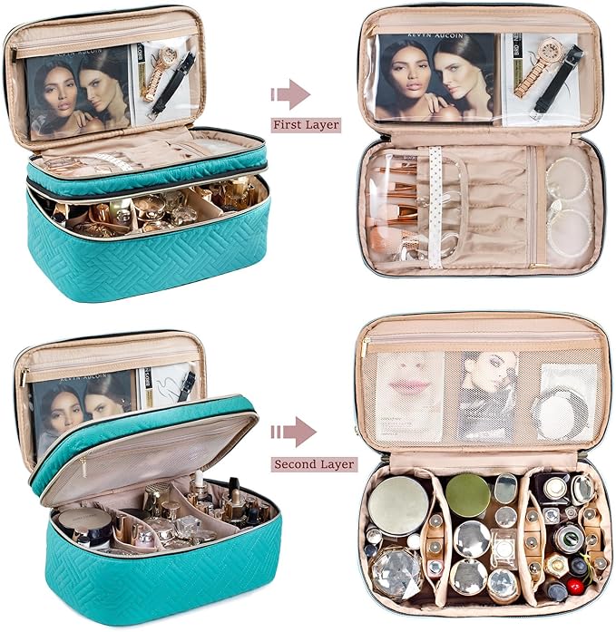 AMOIGEE Large Makeup Bag, Travel Makeup Bag Organizer, Double Layer Train Case Makeup Bag, Toiletry Bag for Makeup Brushes, Full Size Bottles, Palettes Sponge, Cosmetic Organizer