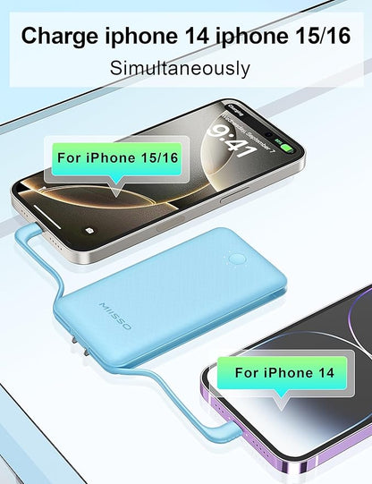 miisso Ultra Slim 10000mAh Power Bank Built-in Cables and Foldable AC Wall Plug, Pocket Size USB C Portable Charger, External Battery Pack Compatible with iPhone Samsung iPad etc, Blue