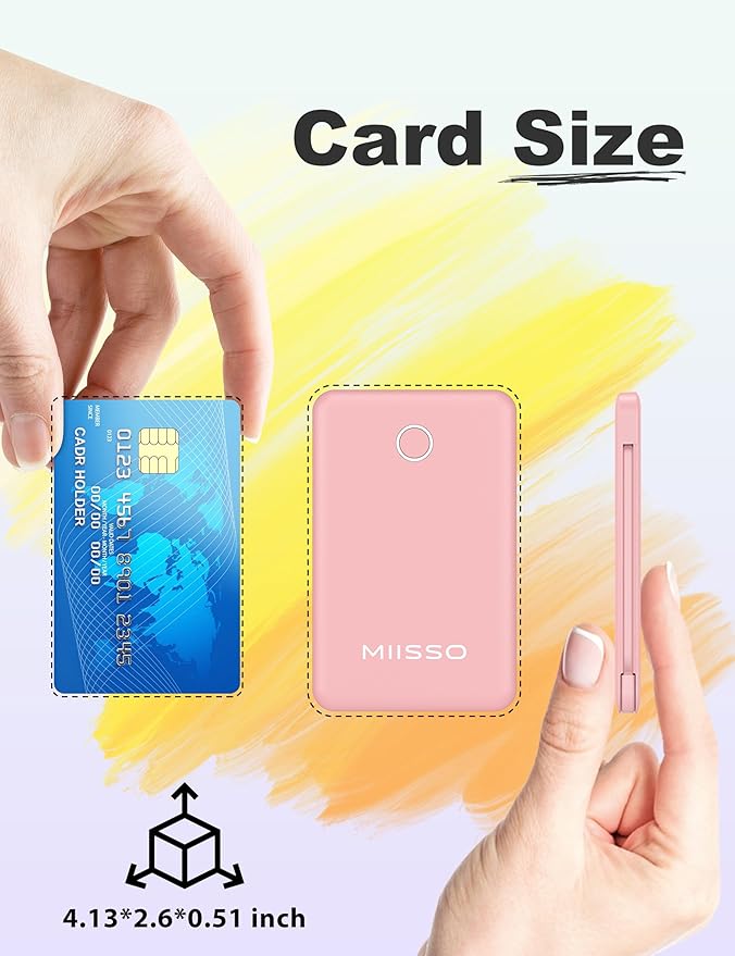 miisso 6000mah Ultra Slim Built in Cables Power Bank, Card Size Built in USB C Cords Battery Pack Portable Charger for Phones, 3 Output External Battery Pack Compatible with iPhone, Pink