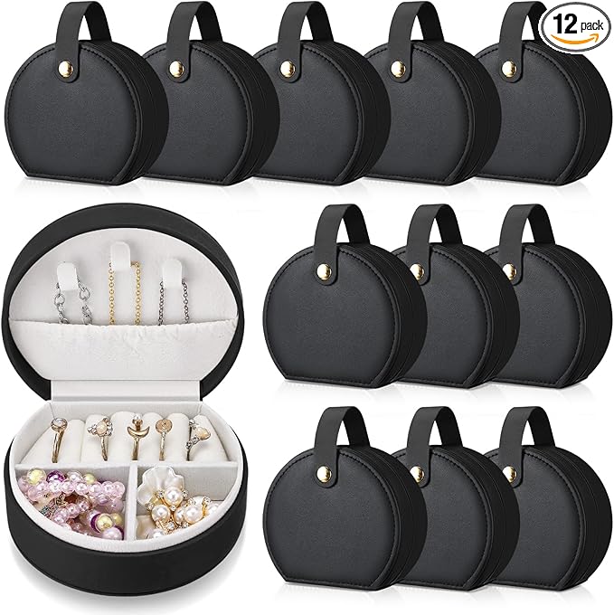 Weysat 12 Pack Travel Jewelry Case Mini Leather Bridesmaid Jewelry Gift Box Bulk Small Earring Storage Organizer (Black)
