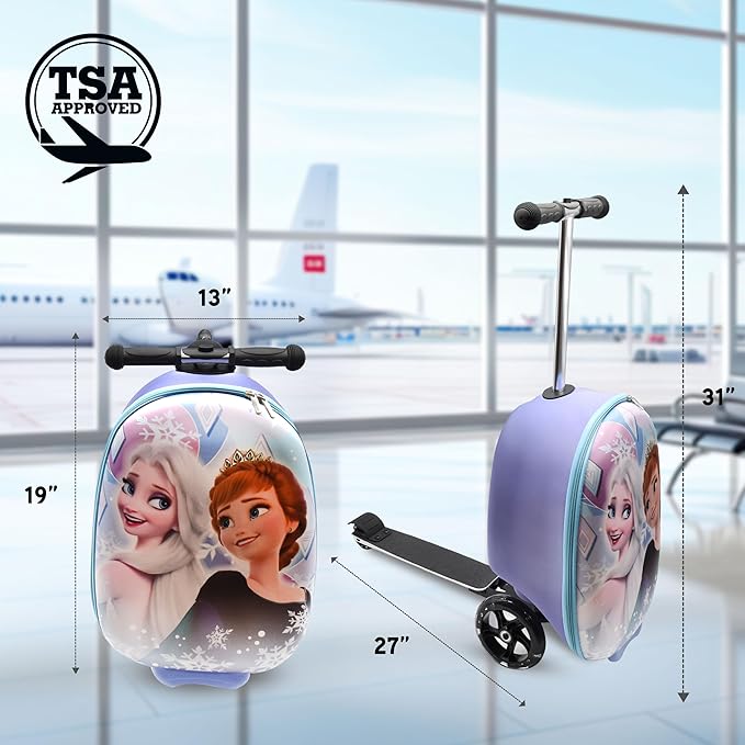 Disney Frozen Princess Suitcase Scooter for Kids - Girls Scooter Luggage with Light Up Wheels, Easy Steer and Foldable Carry On Kick Scooter for Toddler, Boys, Girls, Great Travel Gift Idea