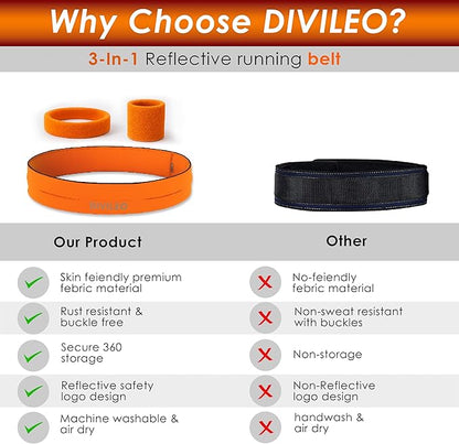 Reflective Running Belt Set – Sweat-Resistant Fanny Pack for Women & Men with Sweatband & Wristband – Phone Holder Waist Pouch for Gym, Travel, Marathon – S/M/L Sizes (Orange, Large)