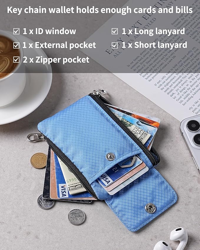 Minimalist Wallet For Mens Womens, Keychain RFID Blocking Zipper Small Wallet with ID Window 2 Lanyards,Water Resistant Travel Cash Card Coin Case Boys Girls