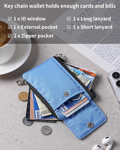 Minimalist Wallet For Mens Womens, Keychain RFID Blocking Zipper Small Wallet with ID Window 2 Lanyards,Water Resistant Travel Cash Card Coin Case Boys Girls
