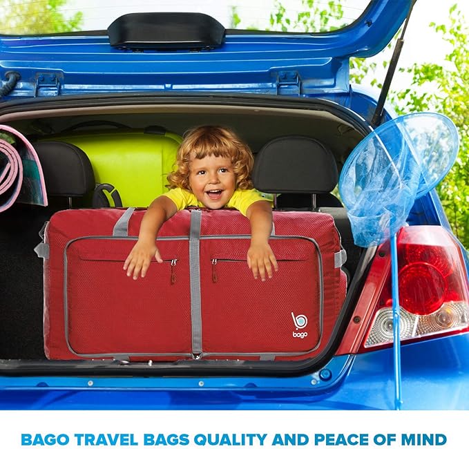 Bago Large Foldable Duffel Bags for Traveling Women & Men - 120L Packable Duffle Bag for Travel with Shoe Compartment - Water Repellant, Heavy Duty, Lightweight Folding & Collapsible (Red)