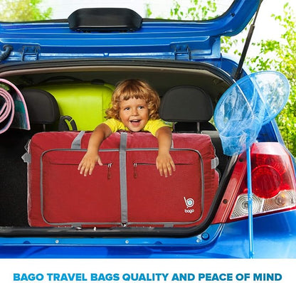 Bago Large Foldable Duffel Bags for Traveling Women & Men - 100L Packable Duffle Bag for Travel with Shoe Compartment - Water Repellant, Heavy Duty, Lightweight Folding & Collapsible (Red)